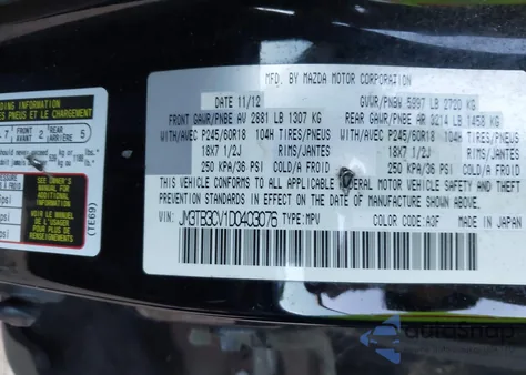 2013 Mazda Cx-9 Touring z USA, uszkodzony, nr VIN JM3TB3CV1D0403076